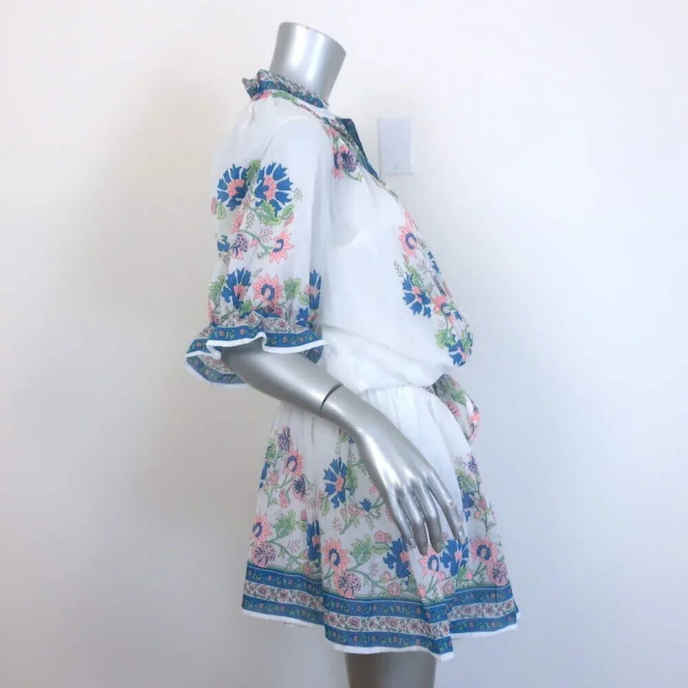 Juliet Dunn Blouson Tie-Waist Mini Dress White Rose Border Print Cotton Size 2 - Picture 3 of 7